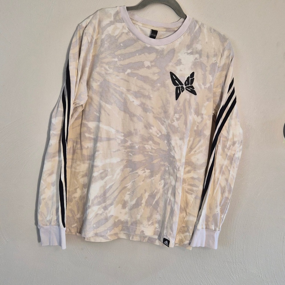 Adidas Unisex Tan White Tie Dye Butterfly Long Sleeve T-Shirt Small 3 Stripe Y2K